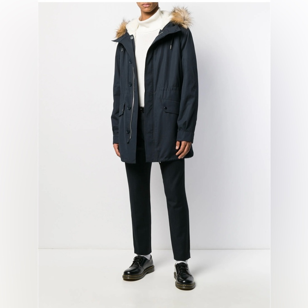 Sandro Men's Dark Blue Puffer Coat with Fur Hood